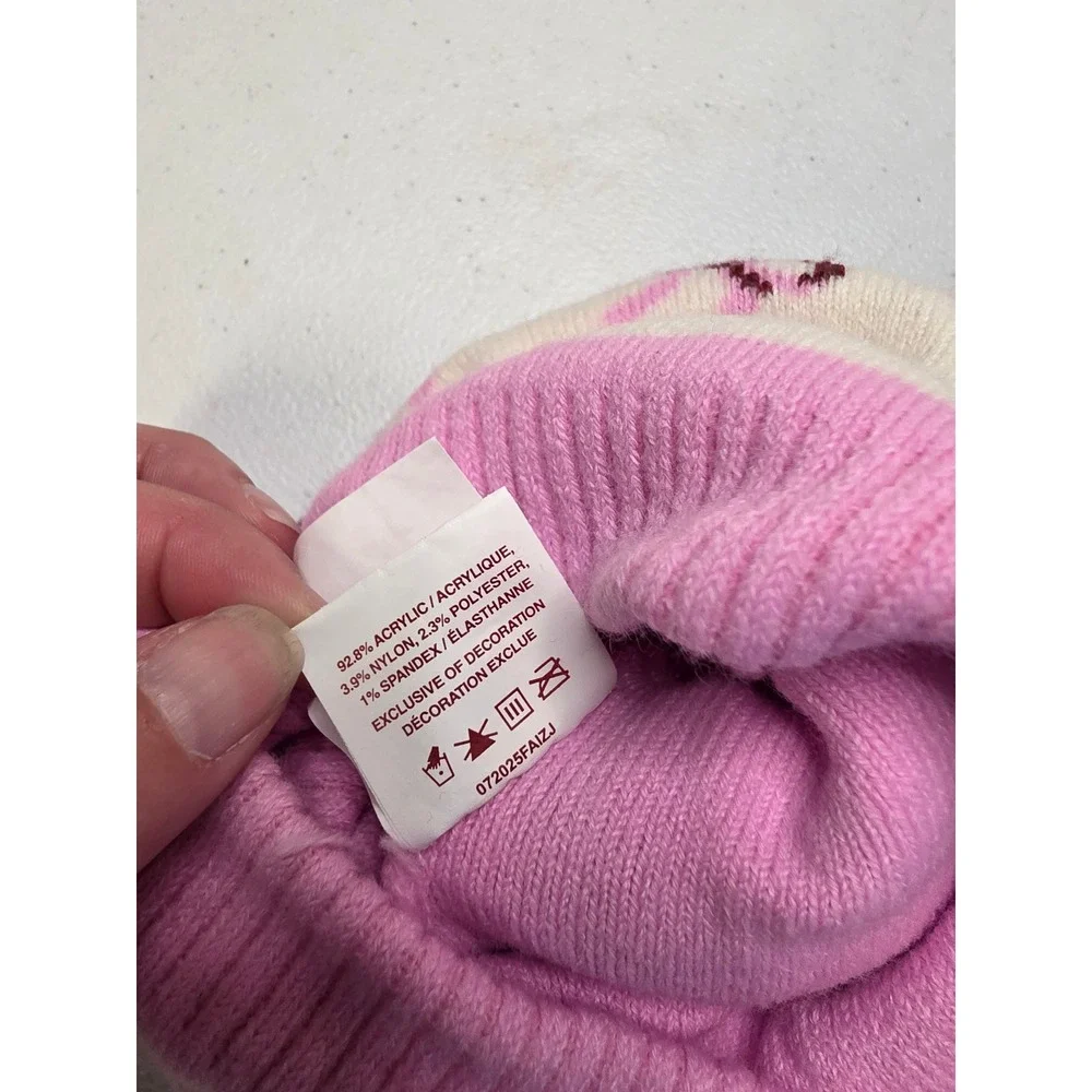 Great Northern Kids Pink Bow Knit Beanie Pom Pom Hat Cream Size 4-6x